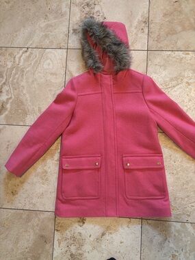 J. Crew Women’s Pink Wool Blend Hooded Pea Coat with Faux-Fur Trim